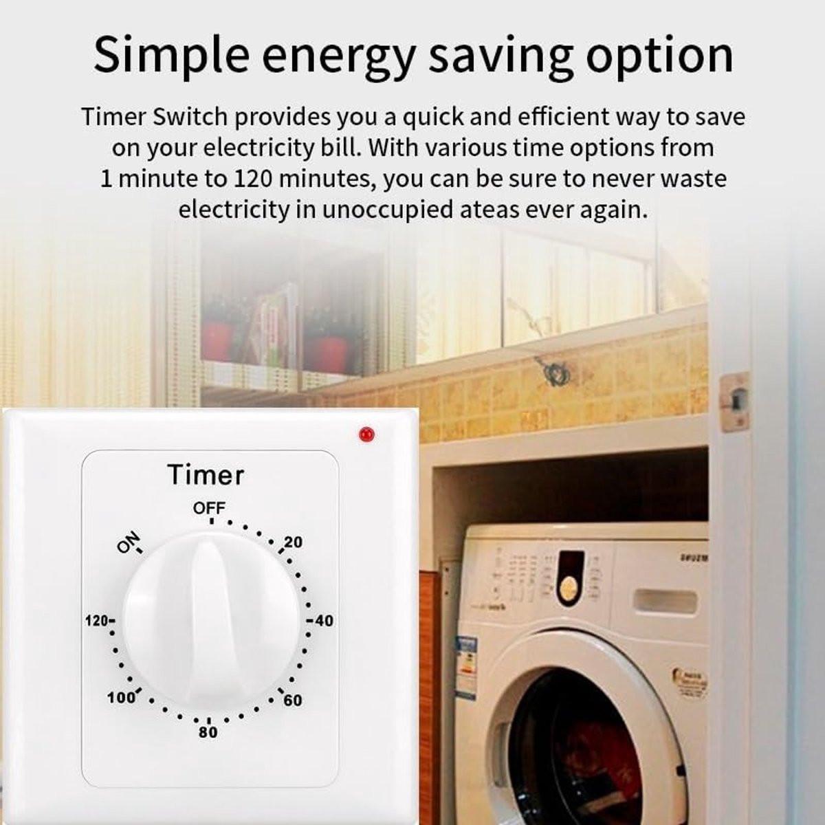 Countdown Switch - 120 minutes - Countdown timer switch - Mechanical countdown timer socket - time switch - timer light switch - with timer - timer socket - for bathroom extractor fan, garage, laundry room, storage room or spa - white.
