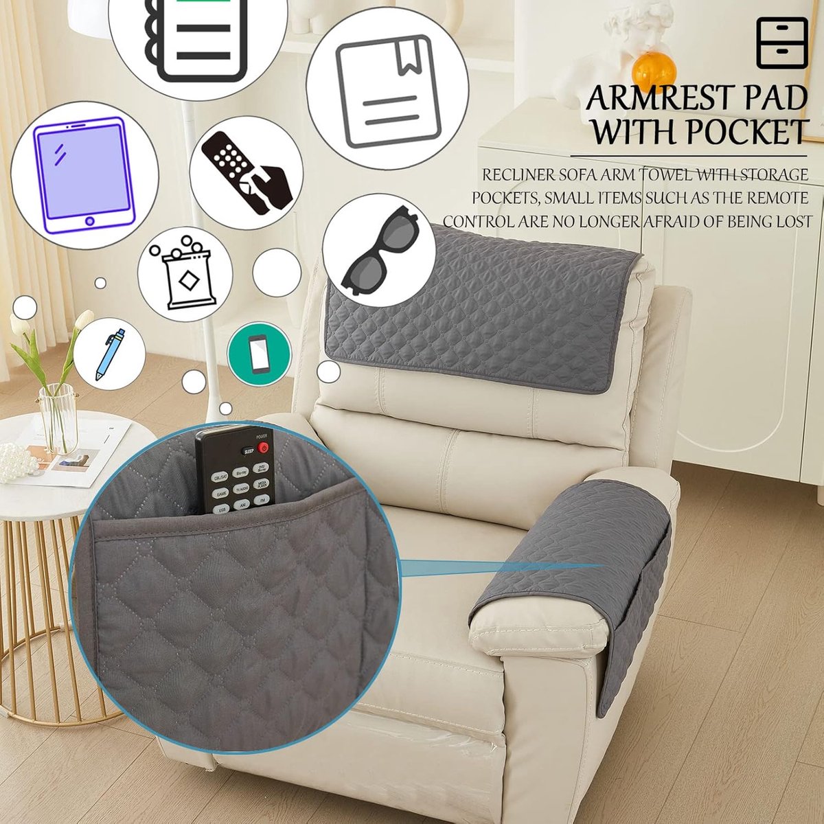 Sofa Cover - 3-Piece Set - Sofa Armrest Cover - Cushion Armrest Pad - Armchair Cover with Pockets - Sofa Protectors - Removable Headrest Cover - Sofa Remote Control Storage Bag - Non-Slip Furniture Protector