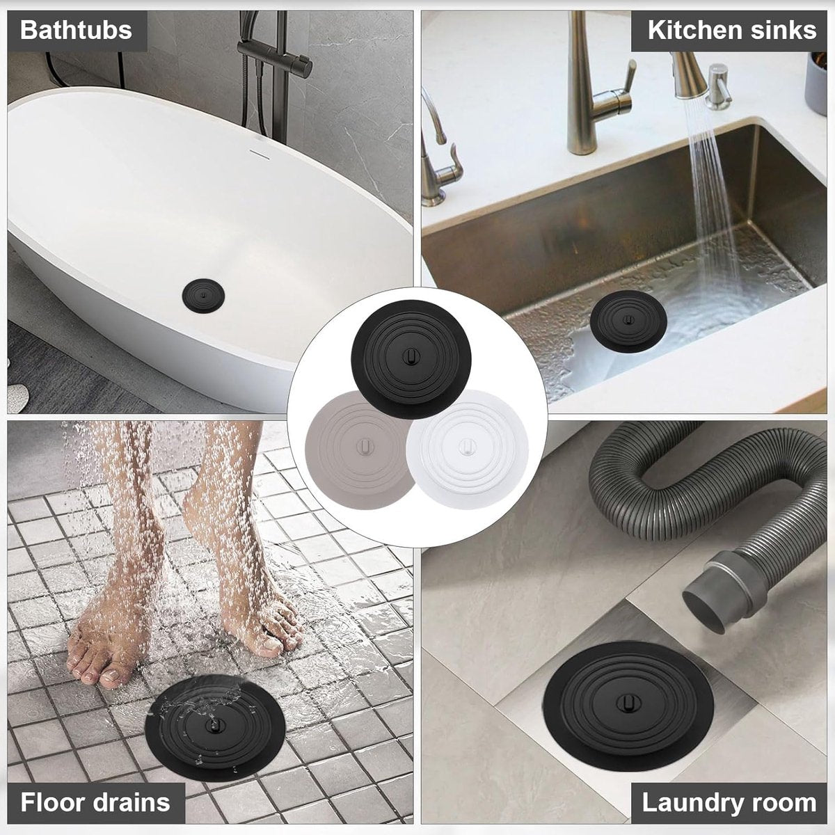 Drain Stopper - 3 Pieces - 15 cm Diameter - White, Grey and Black - Drain Plug - Universal Sink Stopper - Silicone - Bath Stopper - Anti-Clog - For Sink Washbasin Bath Shower Tray Kitchen Washbasin Bathtub Countertop