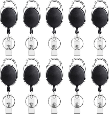 10 Retractable Badge Holders - Extendable Keychain - with Carabiner Belt Clip - D-Clip - Extendable Lanyard Keychain - Keys and Cards - Card Holder Drawstring - Keychain for ID Card Holder and Keychain