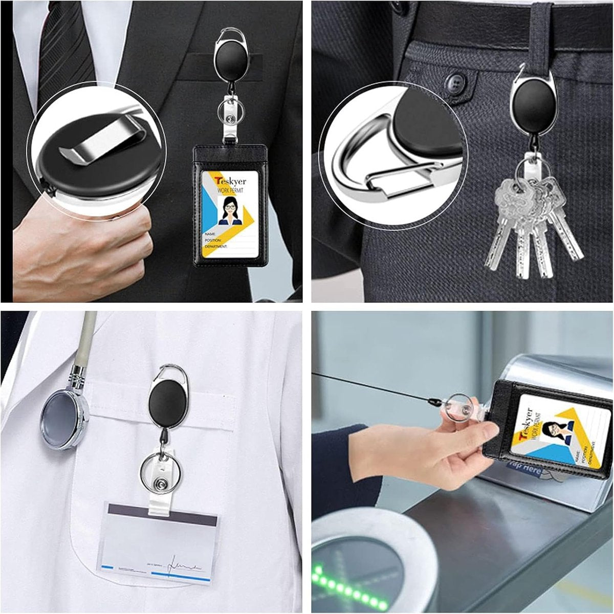 10 Retractable Badge Holders - Extendable Keychain - with Carabiner Belt Clip - D-Clip - Extendable Lanyard Keychain - Keys and Cards - Card Holder Drawstring - Keychain for ID Card Holder and Keychain