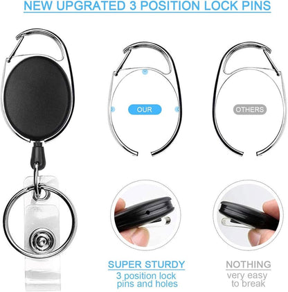 10 Retractable Badge Holders - Extendable Keychain - with Carabiner Belt Clip - D-Clip - Extendable Lanyard Keychain - Keys and Cards - Card Holder Drawstring - Keychain for ID Card Holder and Keychain