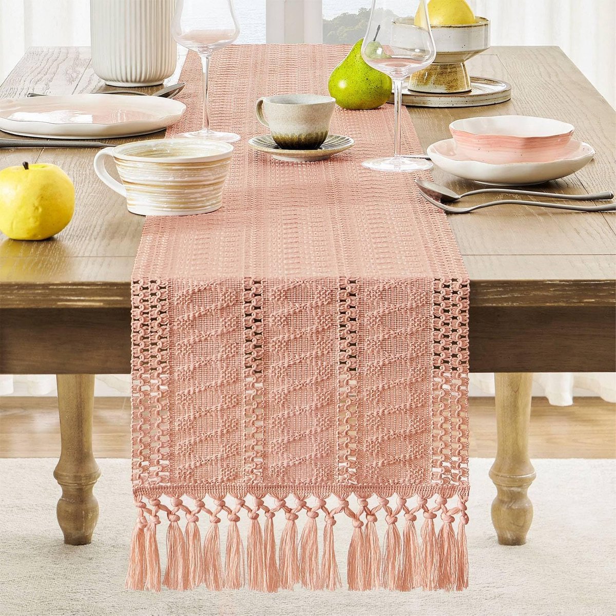 Table runner - tablecloth - Bohemian style table runner - pink table runner - with knotted tassel - farmhouse woven home decor - pink - 30*240 cm