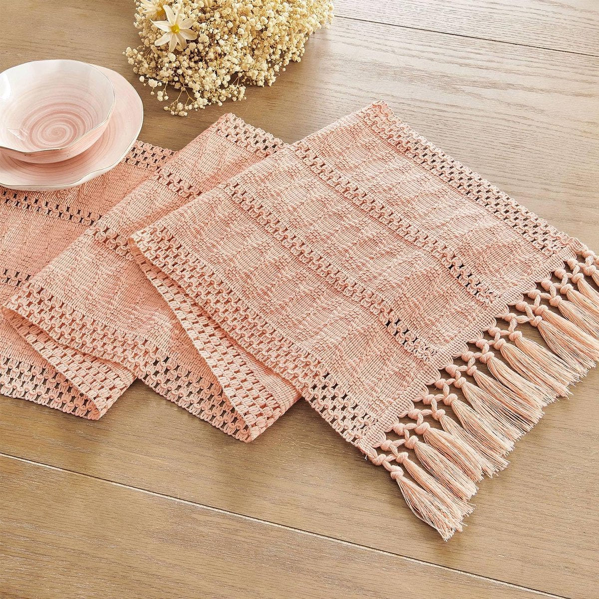 Table runner - tablecloth - Bohemian style table runner - pink table runner - with knotted tassel - farmhouse woven home decor - pink - 30*240 cm