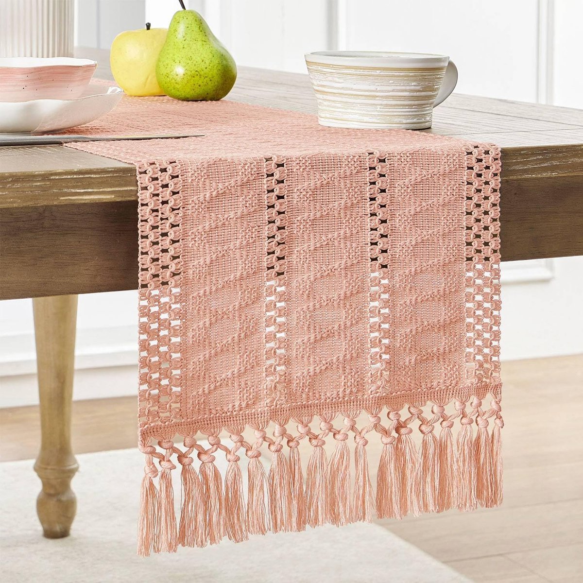 Table runner - tablecloth - Bohemian style table runner - pink table runner - with knotted tassel - farmhouse woven home decor - pink - 30*240 cm