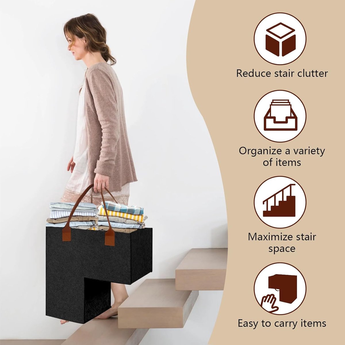 Stair Organizer Basket - Stair Basket - L-shaped Foldable Stair Basket - Storage Bag - Felt Stair Basket - Laundry Basket - Toy Basket - Household Items - for Laundry, Toys - 42*42*25.5 cm - Black