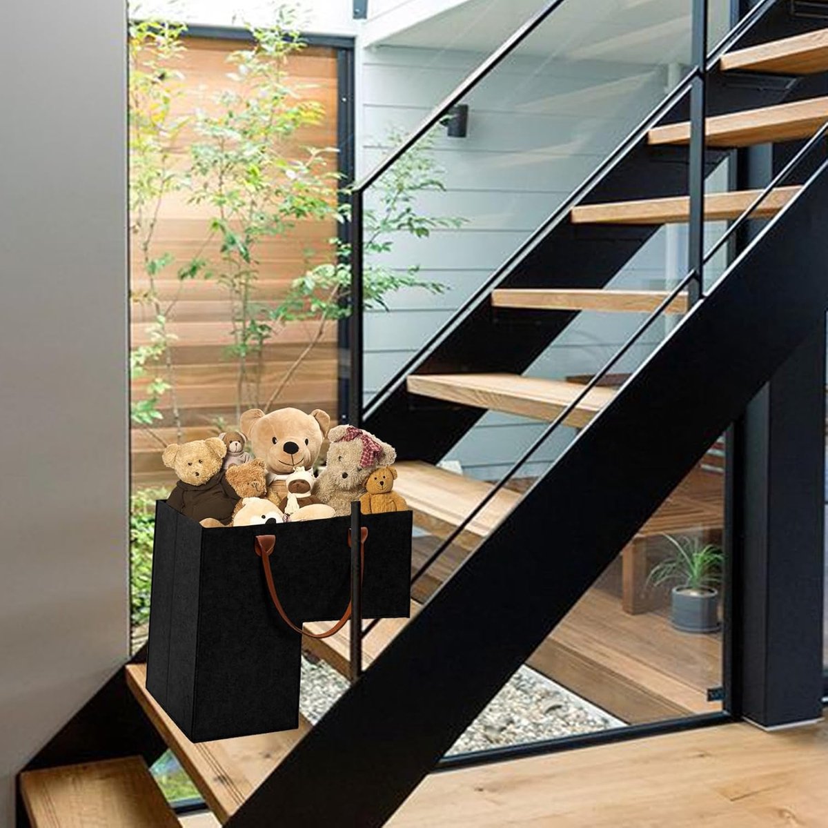 Stair Organizer Basket - Stair Basket - L-shaped Foldable Stair Basket - Storage Bag - Felt Stair Basket - Laundry Basket - Toy Basket - Household Items - for Laundry, Toys - 42*42*25.5 cm - Black
