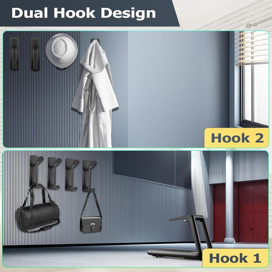 Pieces Wall-Mounted Coat Rack - No Drilling Required - Black Solid Wall Hook - Self-Adhesive Coat Hooks - Stainless Steel Towel Hanger for the Bathroom - Hanging Hooks - Double Hook Design Coat Rack - Wall / Coat Rack Hooks - Black