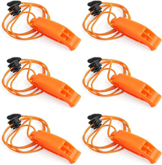 6 pieces - Emergency whistle - survival whistles - dual frequency - emergency whistle - with reflective cord, adjustable clip - emergency whistle survival whistle - for rescue operations in nature, hiking, camping, hunting and safety at sea - orange.