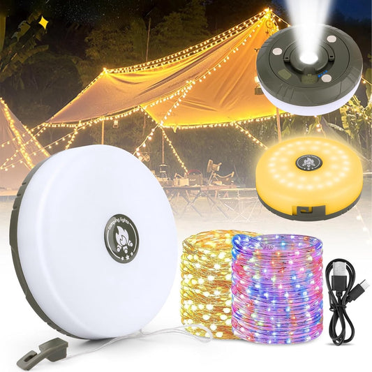 2-Piece Camping Light String 10 M - Warm Lights and Colored Light - Camping Lighting String - Light Garland - Ambience Strip - 4-in-1 Portable - Camp Lamp - Retractable - Waterproof - Solar String Lights - For Camping, Garden, Decoration - USB Rechargeabl.