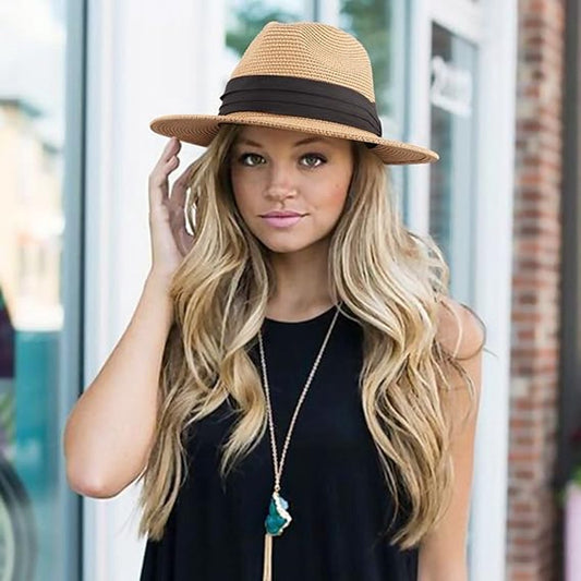 Women Men Straw Hat Panama Hat Summer Wide Brim Sun - Sun Hat with Curled Wide Brim - Anti-UV Hat for Beach Travel Sun Hat - Beach & Summer - Khaki