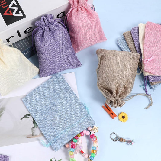 15 pieces - jute bags with drawstring - drawstring - gift bag - storage bag - gift packaging - jewelry pouch jute bags - jute bags - for Christmas, Thanksgiving, wedding favors, DIY, crafting - 14*10 cm - linen, purple, pink, blue, beige
