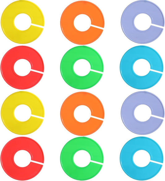 12 pieces - wardrobe dividers for hanging clothes - Clothes rack size dividers - Clothing size dividers - Clothes rack dividers size rings - for clothes racks - for sorting clothing sizes - inner diameter 3.5 cm - 9*9 cm - 6 colors