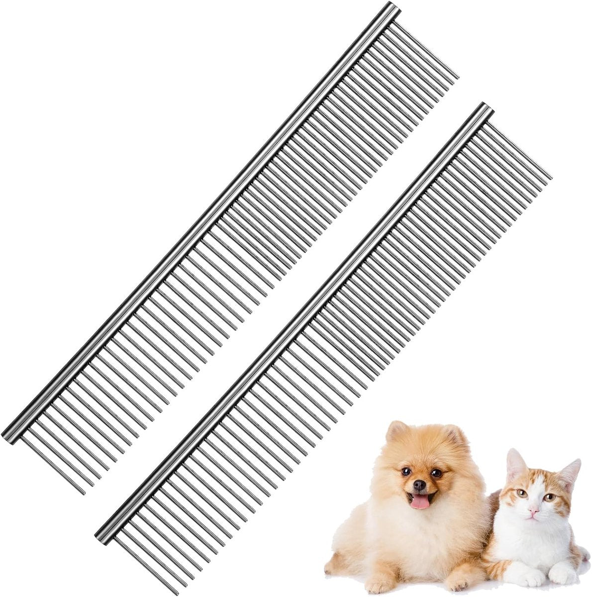 Dog Comb Long Hair Brush Steel Comb for Pet Care Tangle Removal Knots - Set of 2