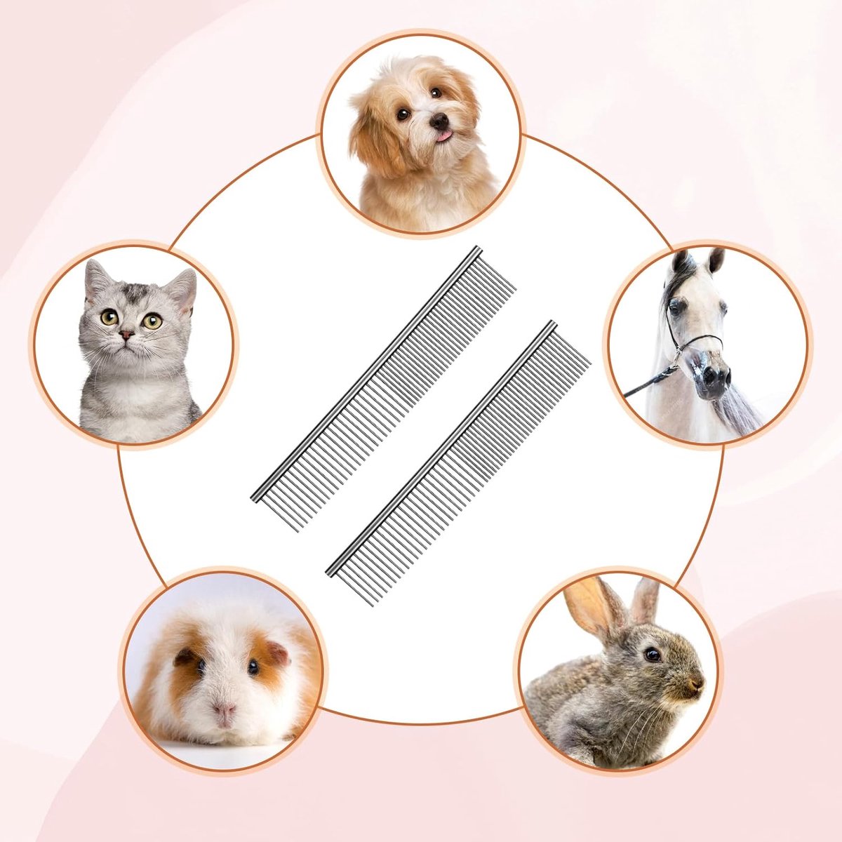 Dog Comb Long Hair Brush Steel Comb for Pet Care Tangle Removal Knots - Set of 2