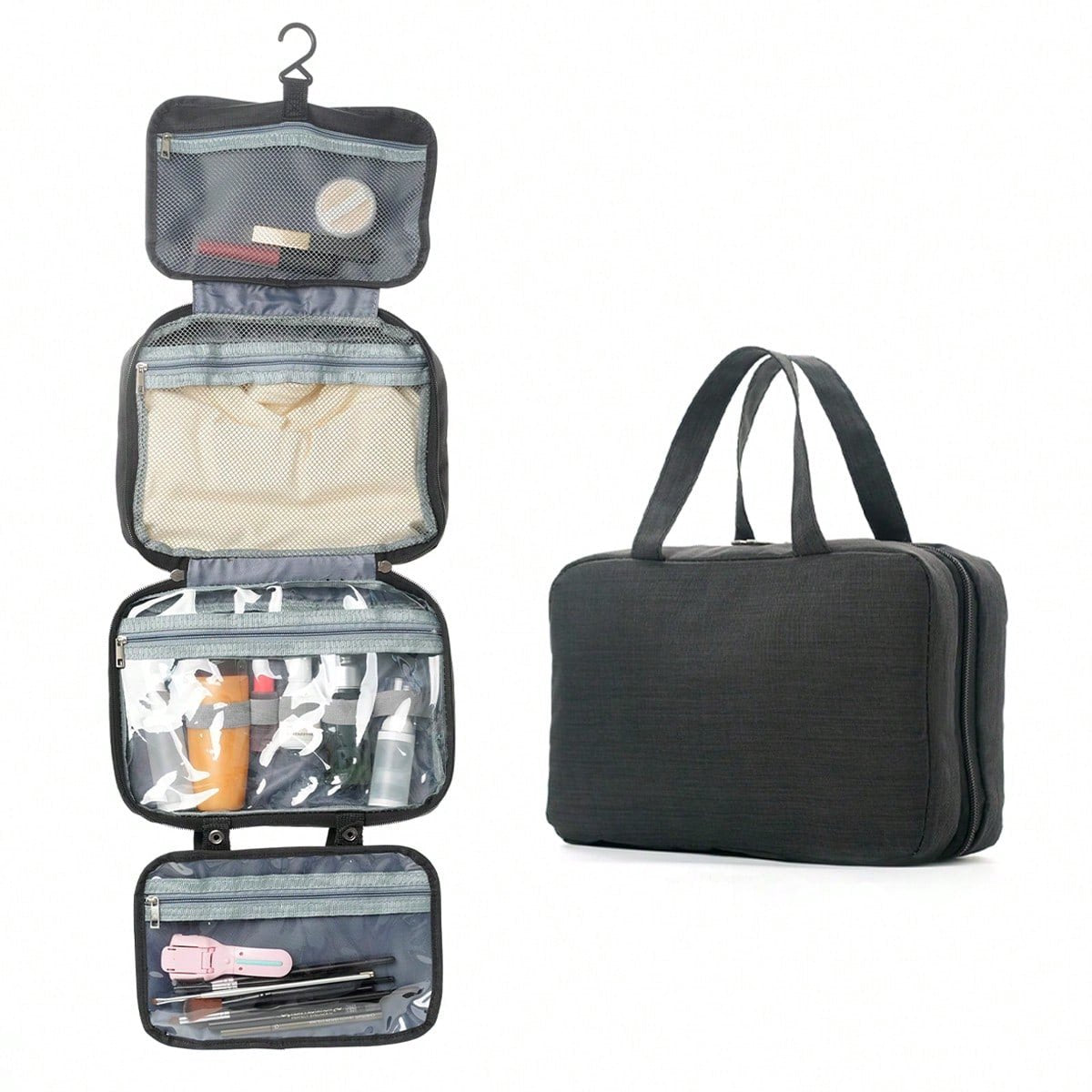 Toiletry bag - Portable hanging toiletry bag - foldable travel toiletry bag - large foldable travel bag - travel makeup bag - storage bag - with 4 compartments - waterproof toiletry bag - unisex - for vacation, shower, camping and travel - 27*18*8 cm - bl.