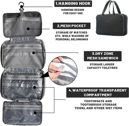 Toiletry bag - Portable hanging toiletry bag - foldable travel toiletry bag - large foldable travel bag - travel makeup bag - storage bag - with 4 compartments - waterproof toiletry bag - unisex - for vacation, shower, camping and travel - 27*18*8 cm - bl.