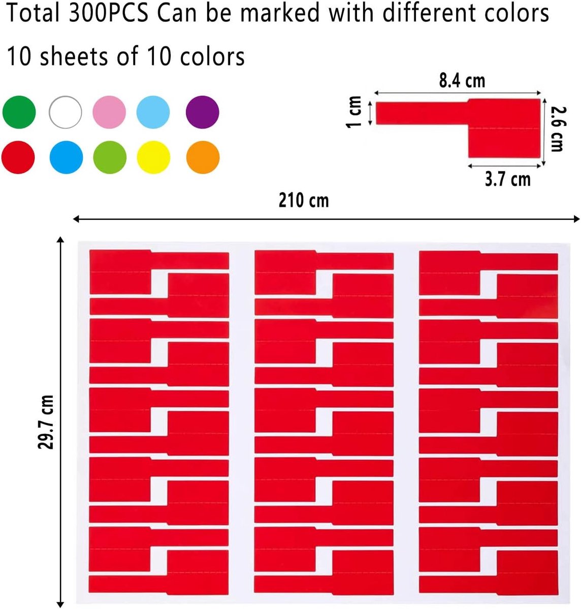 300 pieces - Self-adhesive cable label - cable label sheets - 10 sheets - of 10 colors - Cable labels - Label - Labels - Label stickers - Self-adhesive cable label stickers - Cable management - 26*84 mm