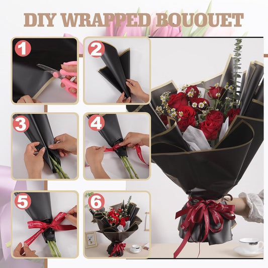 20 Sheets - Bouquet Wrapping Paper - 58x58 cm - Waterproof wrapping paper - floral paper - Valentine's wrapping paper - Floral Wrapping Paper - for bouquets, wrapping paper for craft projects, florist supplies, wedding and anniversary gifts - Black