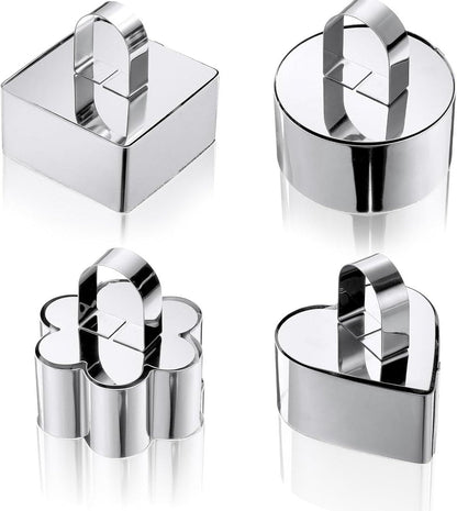 4 pieces - stainless steel - dessert rings - cake rings - with handle - molds - for baking and cooking cakes, mousses, and desserts - 8*3.8 cm - silver - square, round, heart shape, flower shape