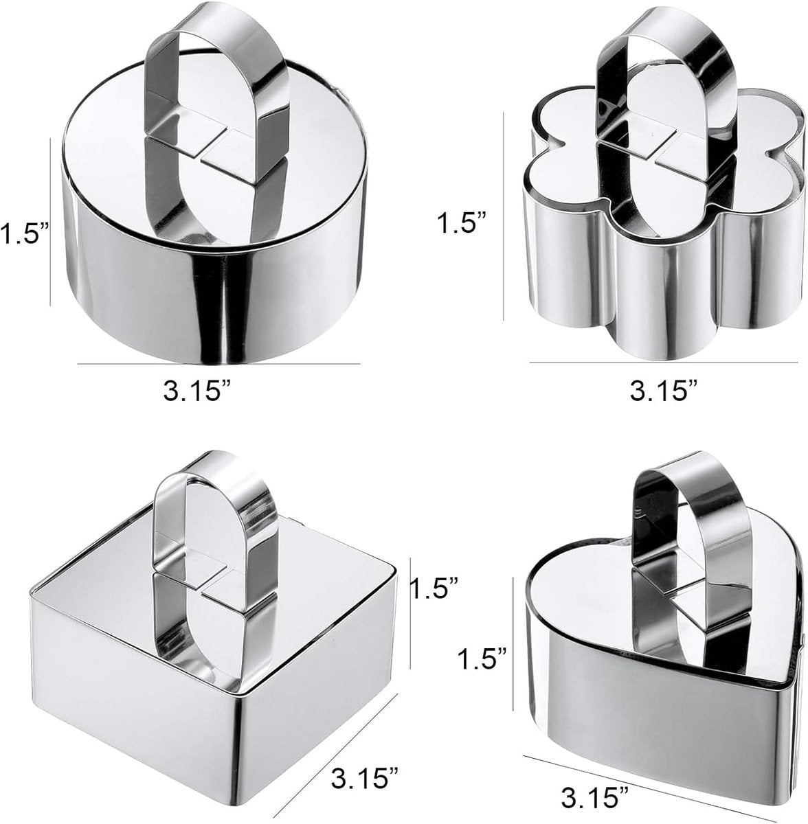 4 pieces - stainless steel - dessert rings - cake rings - with handle - molds - for baking and cooking cakes, mousses, and desserts - 8*3.8 cm - silver - square, round, heart shape, flower shape