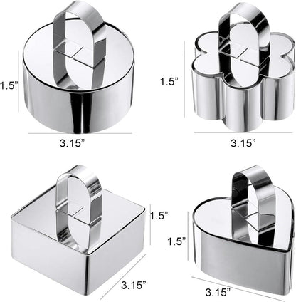 4 pieces - stainless steel - dessert rings - cake rings - with handle - molds - for baking and cooking cakes, mousses, and desserts - 8*3.8 cm - silver - square, round, heart shape, flower shape