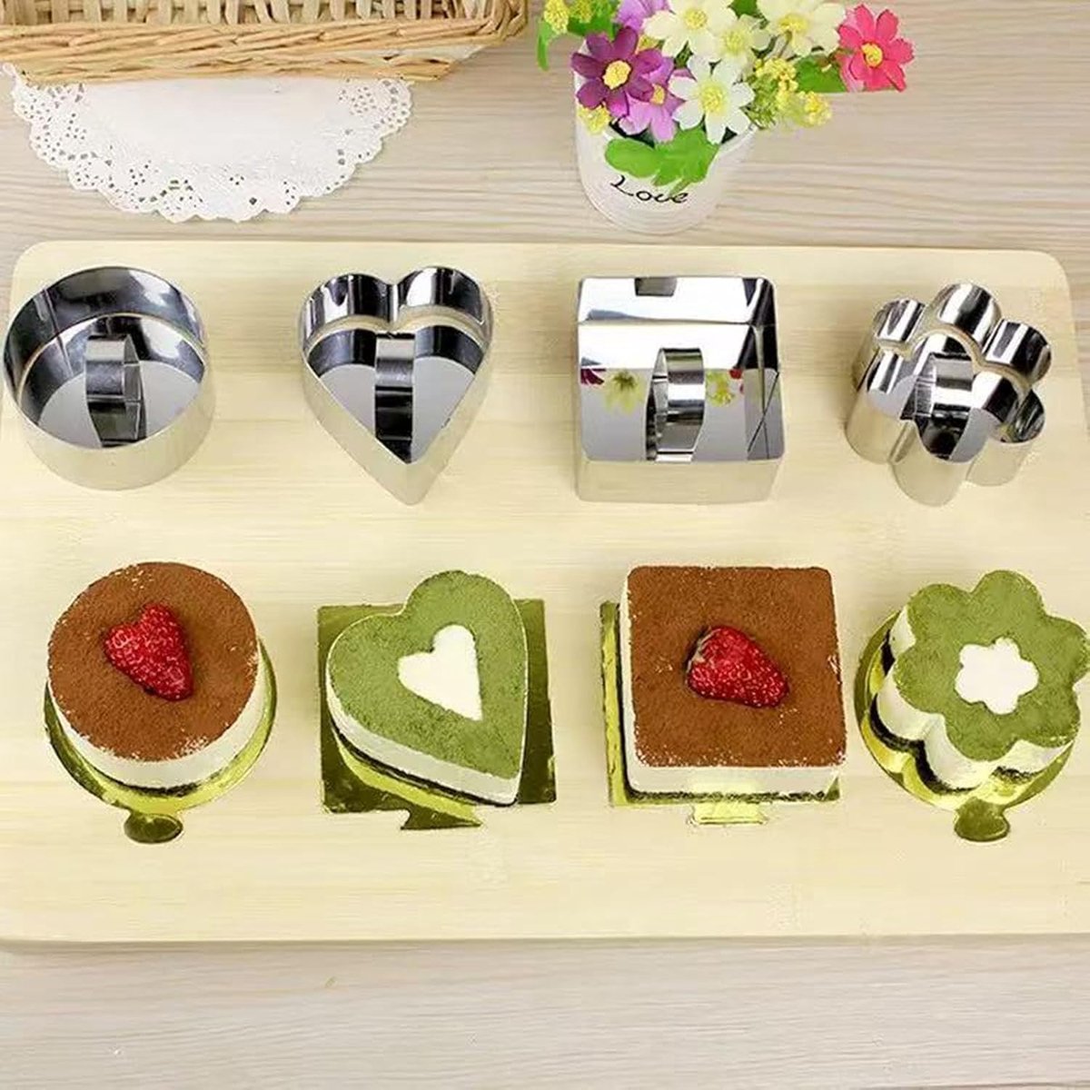 4 pieces - stainless steel - dessert rings - cake rings - with handle - molds - for baking and cooking cakes, mousses, and desserts - 8*3.8 cm - silver - square, round, heart shape, flower shape