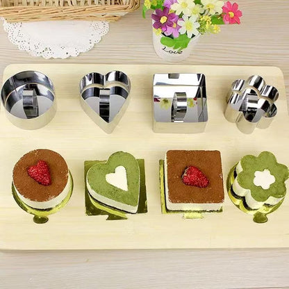 4 pieces - stainless steel - dessert rings - cake rings - with handle - molds - for baking and cooking cakes, mousses, and desserts - 8*3.8 cm - silver - square, round, heart shape, flower shape