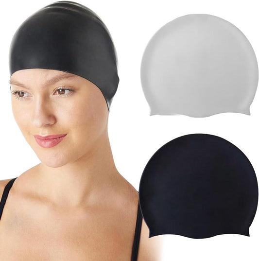 2 pieces - swimming cap - 23*20 cm - silicone swimming caps - hearing protection - waterproof swimming hat - keep dry for long and short hair - unisex swimming caps - for adults, children and juniors - black and white.