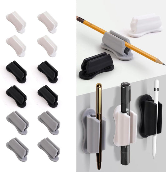 12 pieces - pen holder - pen holder for desk - self-adhesive silicone pen holder - for clipboard mounting in classroom - highlighter holder - pencil holder - for desk, classroom, office accessories - black, white and grey - 2*4.7 cm