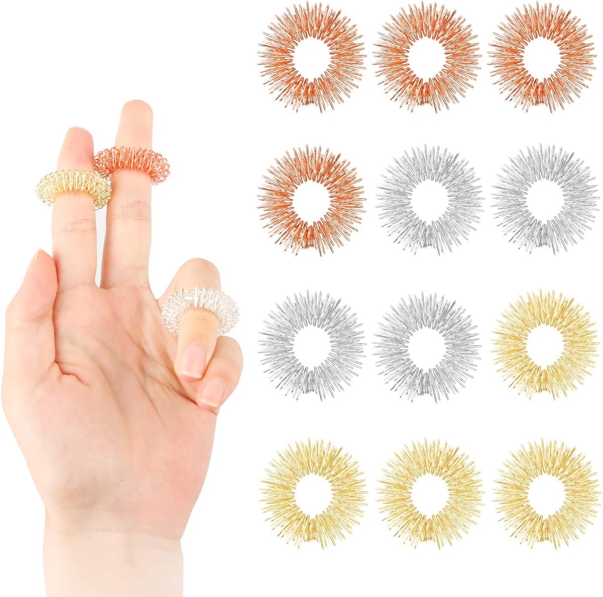 12 Finger Massage Rings - Finger Massage Rings - Acupressure Rings - Acupressure Rings - Finger Splints - Finger Massage Rings - For teenagers, adults - Relieves anxiety, relaxation - Massage improves blood circulation - One size.