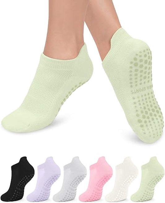Anti-slip socks - women's socks 6 Pairs - Pilates sports socks - Yoga ankle socks - to prevent falls - Yoga sports socks - One size - for martial arts, fitness, dance, barre, gymnastics - House socks for women and men - Grip socks - 6 colors.