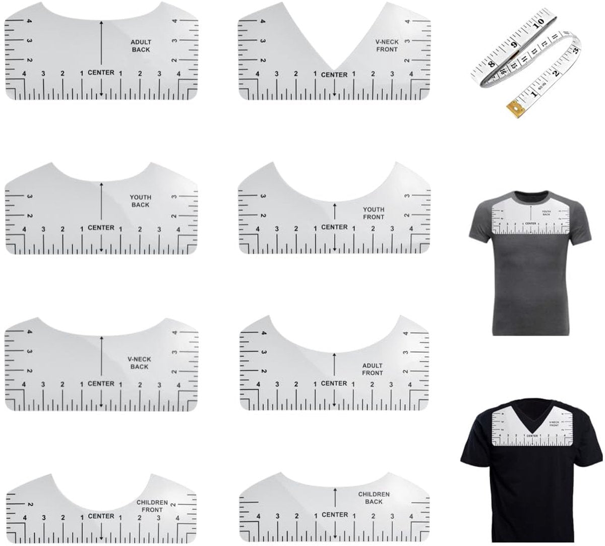 8 pieces - T-shirt ruler guide - with 1 soft measuring tape - T-shirt alignment tool - T-shirt alignment rulers - T-shirt rulers - for round neck and V-neck - sewing tools - white.