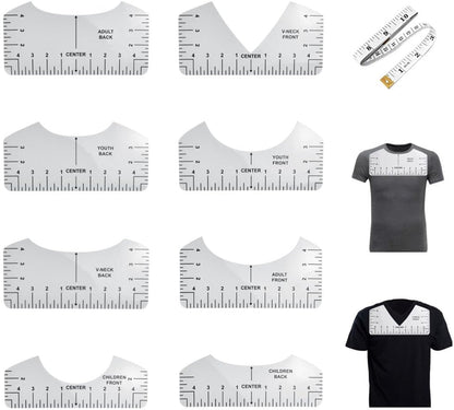 8 pieces - T-shirt ruler guide - with 1 soft measuring tape - T-shirt alignment tool - T-shirt alignment rulers - T-shirt rulers - for round neck and V-neck - sewing tools - white.