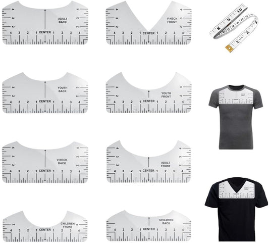 8 pieces - T-shirt ruler guide - with 1 soft measuring tape - T-shirt alignment tool - T-shirt alignment rulers - T-shirt rulers - for round neck and V-neck - sewing tools - white.