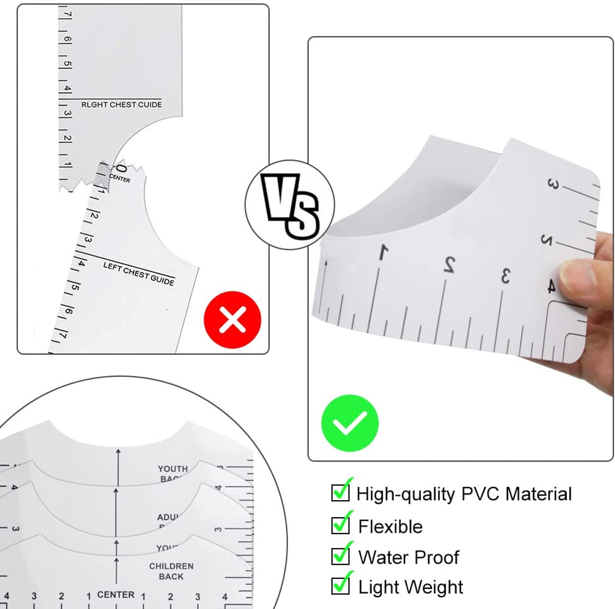 8 pieces - T-shirt ruler guide - with 1 soft measuring tape - T-shirt alignment tool - T-shirt alignment rulers - T-shirt rulers - for round neck and V-neck - sewing tools - white.