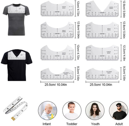 8 pieces - T-shirt ruler guide - with 1 soft measuring tape - T-shirt alignment tool - T-shirt alignment rulers - T-shirt rulers - for round neck and V-neck - sewing tools - white.