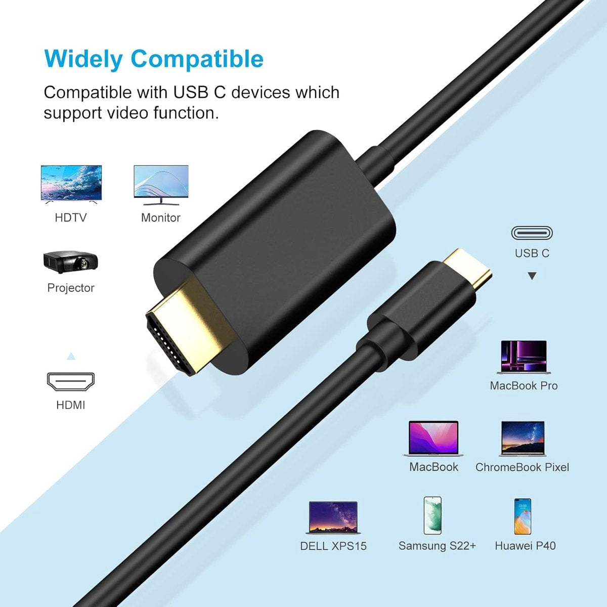 USB C to HDMI cable (6FT) - USB C HDMI cable - 4K Ultra HD, High-Speed - USB C HDMI cable - HDMI USB C cable - HDMI to USB C cable - USB Type C to HDMI cable for home office.
