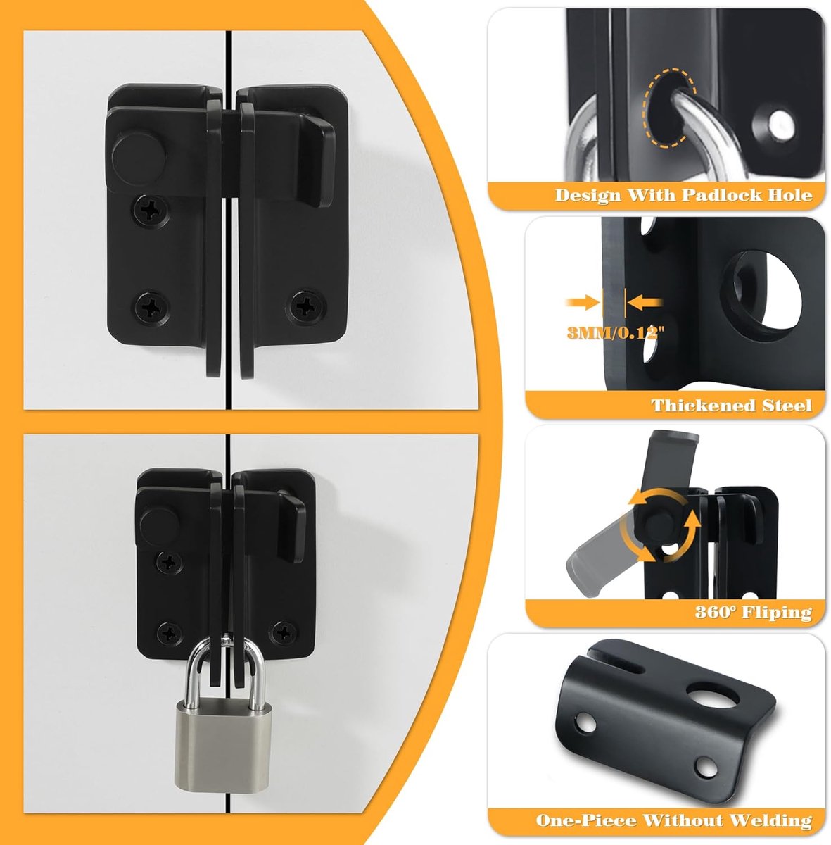 2 pieces - Lock - 60*54*27 mm - stainless steel door lock - sliding bolt with safety latch - left-hand sliding bolt - with screws - for sliding wardrobe, animal cage, garden, bathroom, garage door, sliding door - black