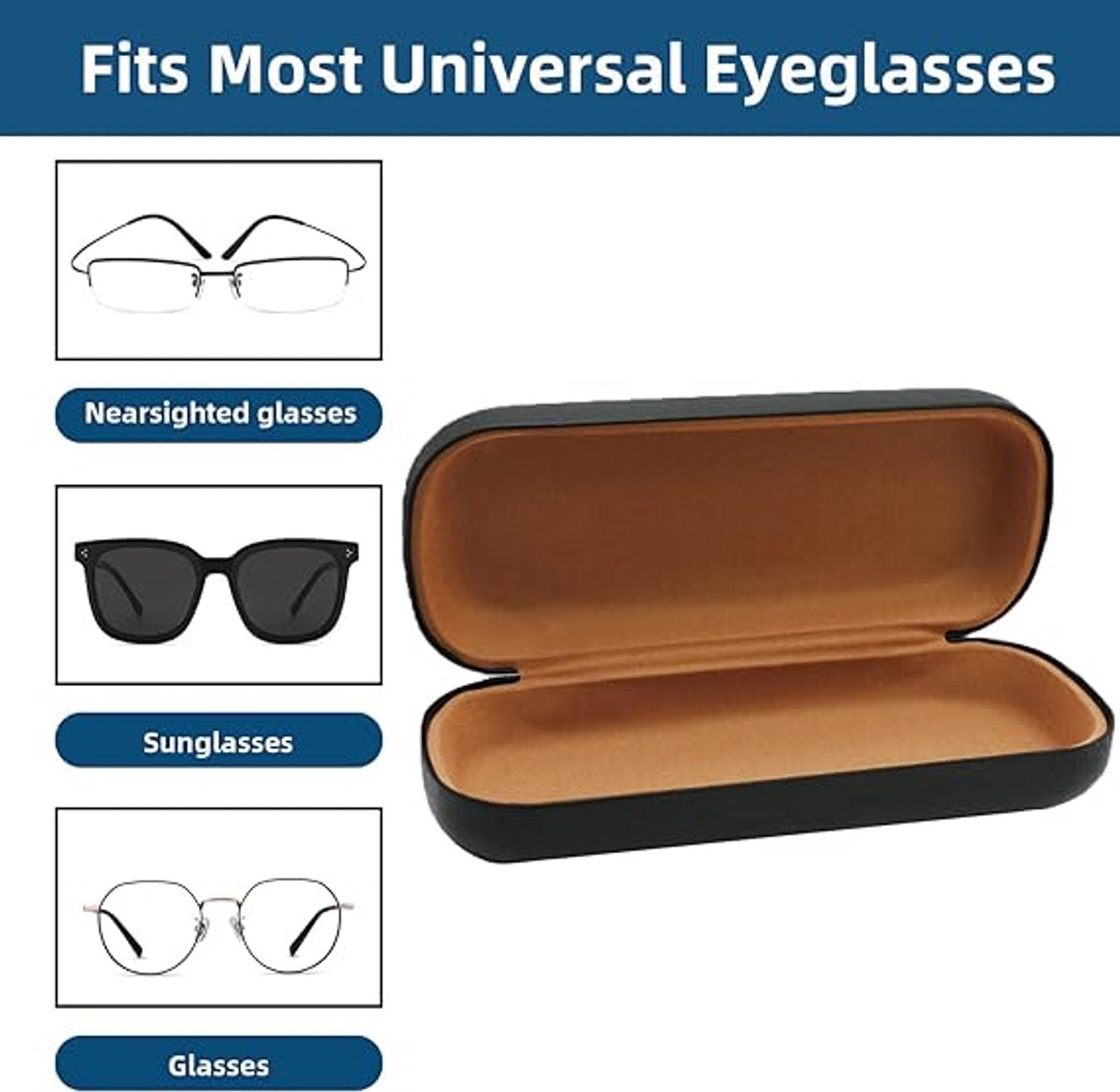 Hard glasses case - PU leather glasses case - Wearable protection - Cover - Leather glasses case - Black - 16 x 6.4 x 3.6 cm.