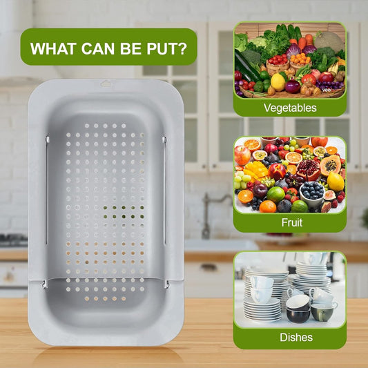 Sink drain basket - Strainer - Washing vegetables and fruit - Draining cooked pasta and drying dishes - Extendable and telescopic - New kitchen accessories for the home - Grey