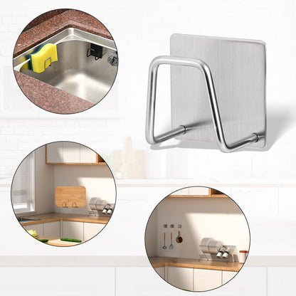 Sponge Holder - 2 Pieces - Self-Adhesive - Dishcloth Holder - Sink Sponge Holder - Sink Organizer - Sponge Holder - Wall Hook - Water Resistant - Sponge Holder for the Sink - for scrubbing cloths, dishcloths, exfoliants and strainer caps - Stainless Steel