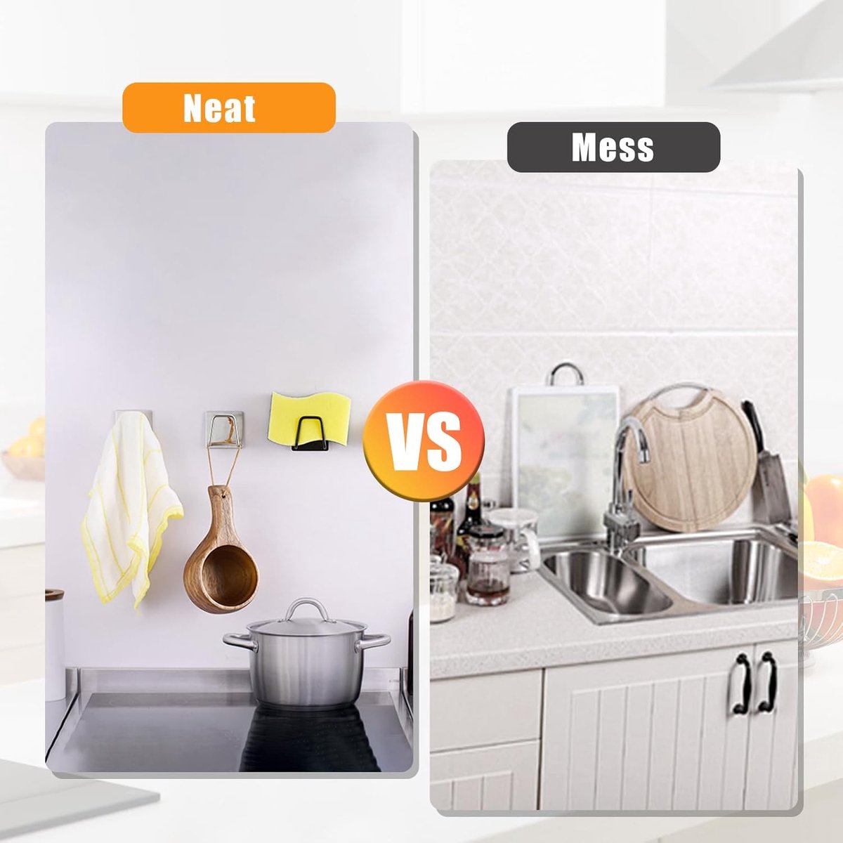 Sponge Holder - 2 Pieces - Self-Adhesive - Dishcloth Holder - Sink Sponge Holder - Sink Organizer - Sponge Holder - Wall Hook - Water Resistant - Sponge Holder for the Sink - for scrubbing cloths, dishcloths, exfoliants and strainer caps - Stainless Steel