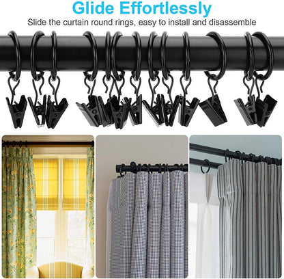 30 Pieces - Curtain Rings with Clips - Shower Curtain - Stainless Steel Curtain Rings - Metal Curtain Hooks - Curtain Rod Ring - for Shower and Window Curtains - Black