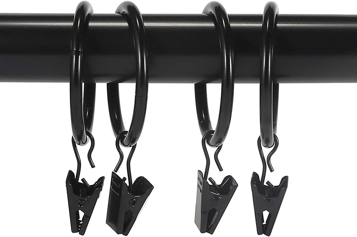 30 Pieces - Curtain Rings with Clips - Shower Curtain - Stainless Steel Curtain Rings - Metal Curtain Hooks - Curtain Rod Ring - for Shower and Window Curtains - Black