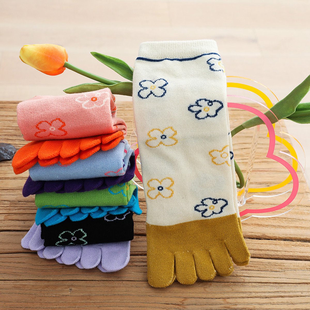 5 pairs - Toe socks - toe socks - Women's toe socks - cotton socks - sports socks - yoga socks - separate toe socks - soft and breathable cotton socks - toe-separated cotton socks - socks with floral pattern