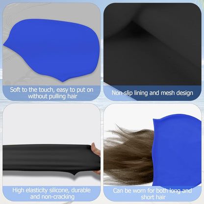 pieces - swimming cap - 23*20 cm - silicone swimming caps - hearing protection - waterproof swimming hat - keep dry for long and short hair - unisex swimming caps - for adults, children and juniors - black and blue.