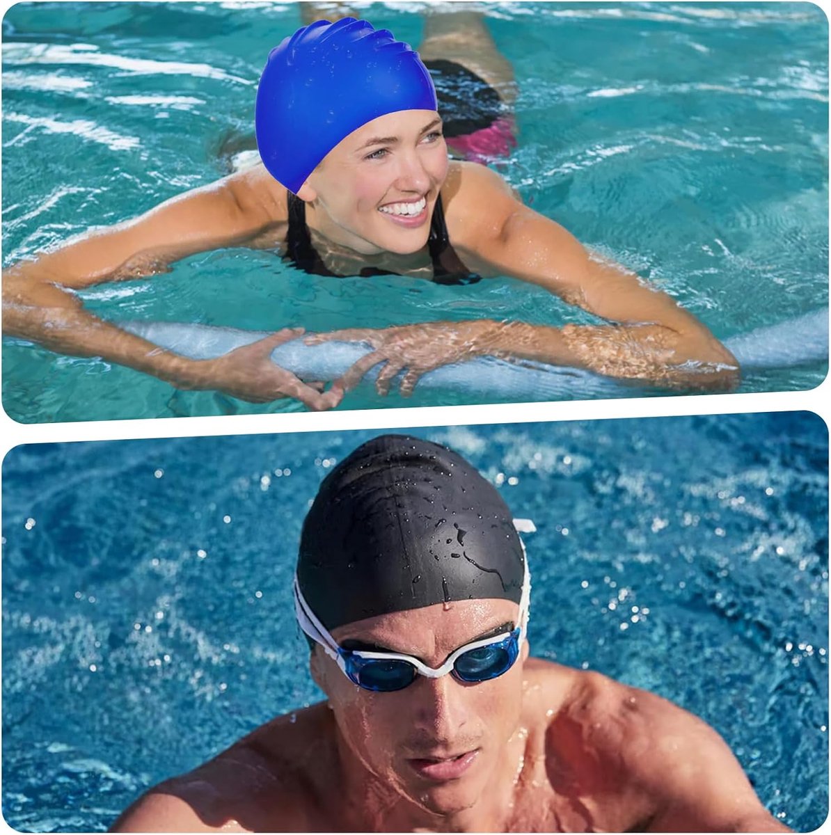 pieces - swimming cap - 23*20 cm - silicone swimming caps - hearing protection - waterproof swimming hat - keep dry for long and short hair - unisex swimming caps - for adults, children and juniors - black and blue.
