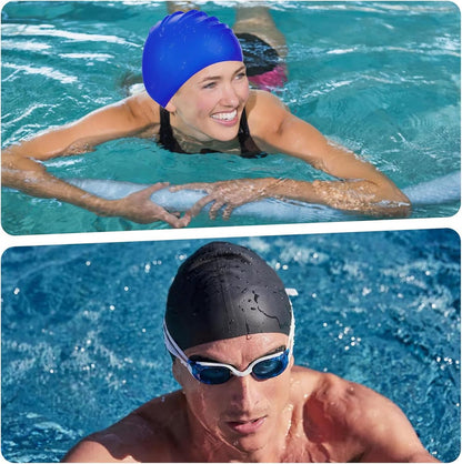 pieces - swimming cap - 23*20 cm - silicone swimming caps - hearing protection - waterproof swimming hat - keep dry for long and short hair - unisex swimming caps - for adults, children and juniors - black and blue.
