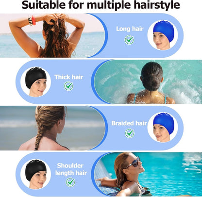pieces - swimming cap - 23*20 cm - silicone swimming caps - hearing protection - waterproof swimming hat - keep dry for long and short hair - unisex swimming caps - for adults, children and juniors - black and blue.